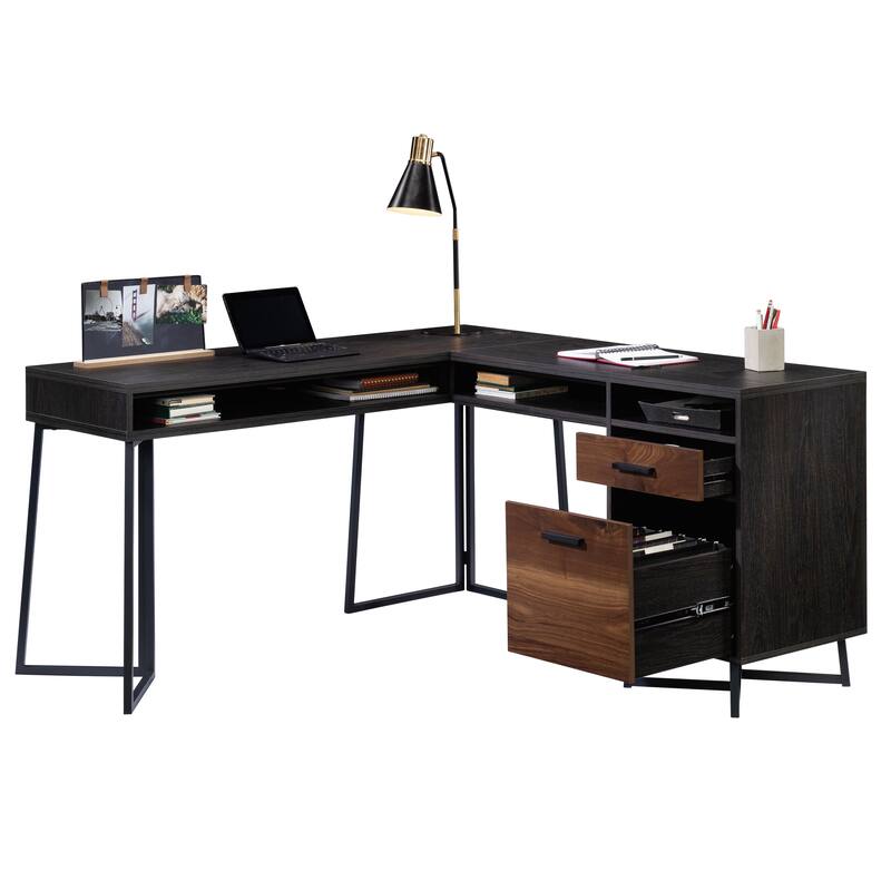 Wood L-Shaped Desk with 2 Drawers and Cubbyholes, Dark Walnut