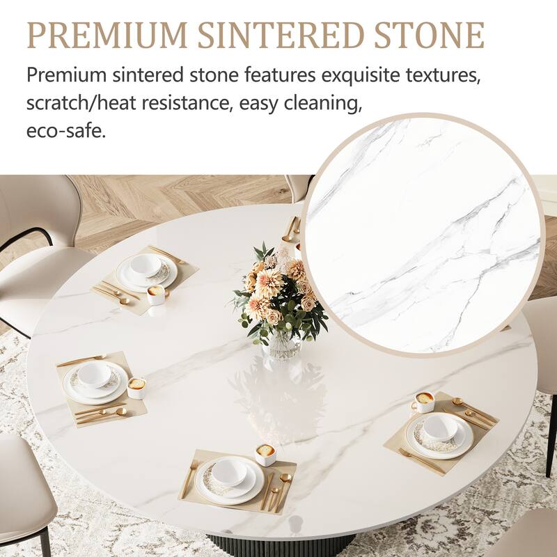 59" Modern Round Dining Table for 6-8, Glossy White Sintered stone Table top, Steel Grille column base