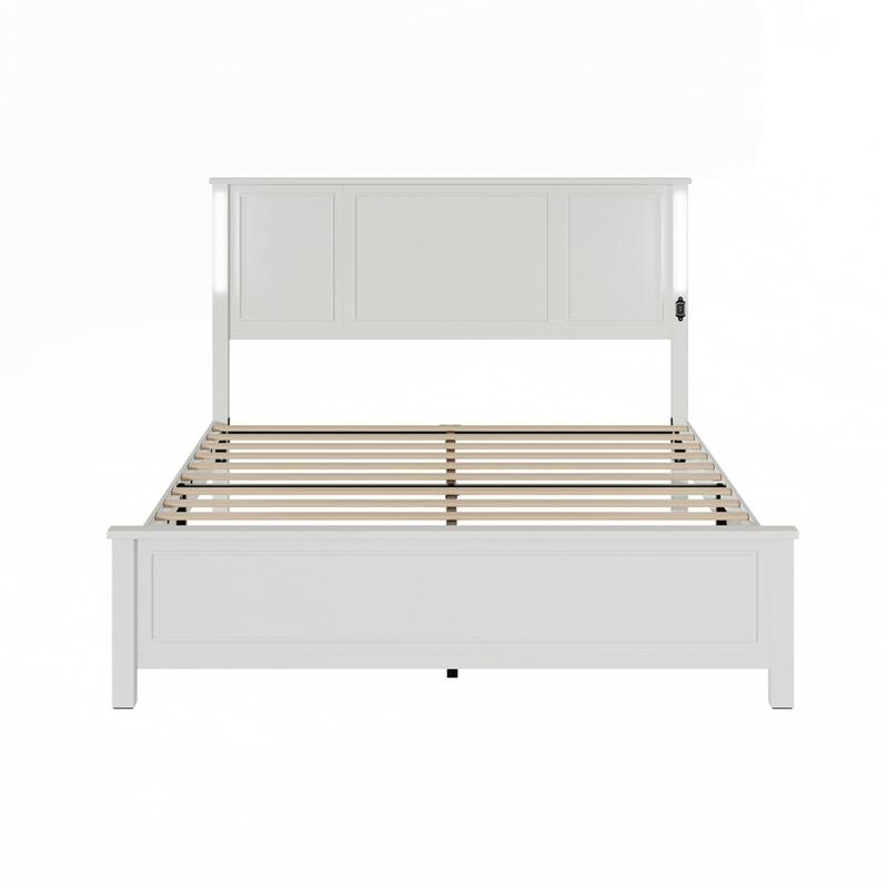 Platform Bed Frame with Wood Headboard and Footboard,Charging Station and LED Lights