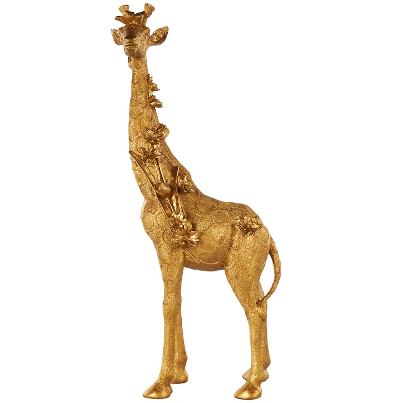 Gold Resin Standing Giraffe Decorative Sculpture with Textured Spots and Floral Accents - 7"W x 13"L x 30"H