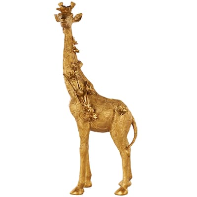 Resin Giraffe Standing Decorative Sculpture with Textured Spots and Floral Accents - Gold - Roche River Decor