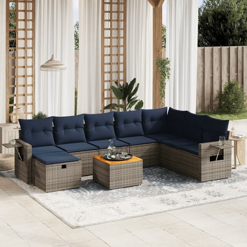 vidaXL Patio Sofa Set with Cushions Outdoor Furniture 9 Piece Poly Rattan - 24.4" x 24.4" x 27.2" - Gray