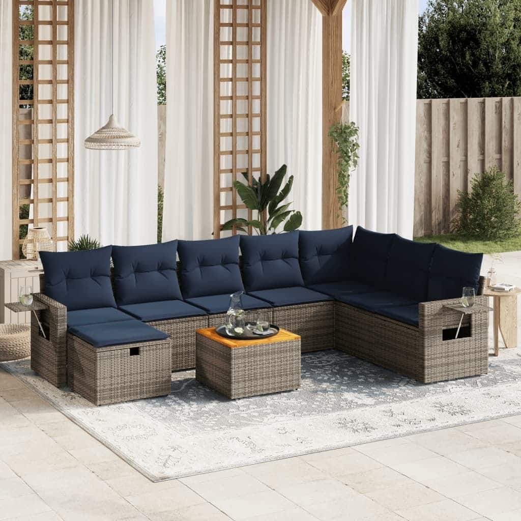 vidaXL Patio Sofa Set with Cushions Outdoor Furniture 9 Piece Poly Rattan - 24.4" x 24.4" x 27.2"