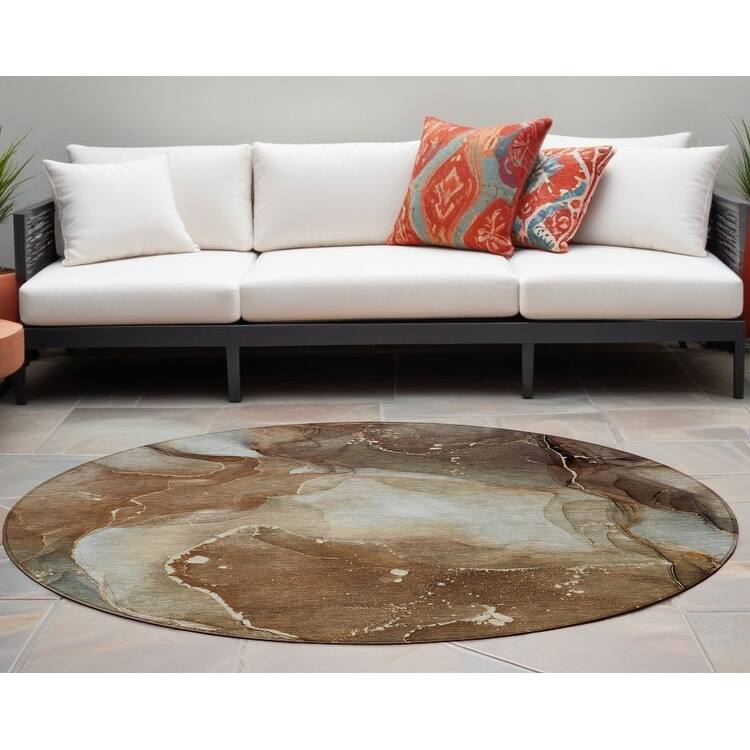 Varo Unique Abstract Weather Resistant Timeless Fusion Outdoor Rug - 8' Round - Brown