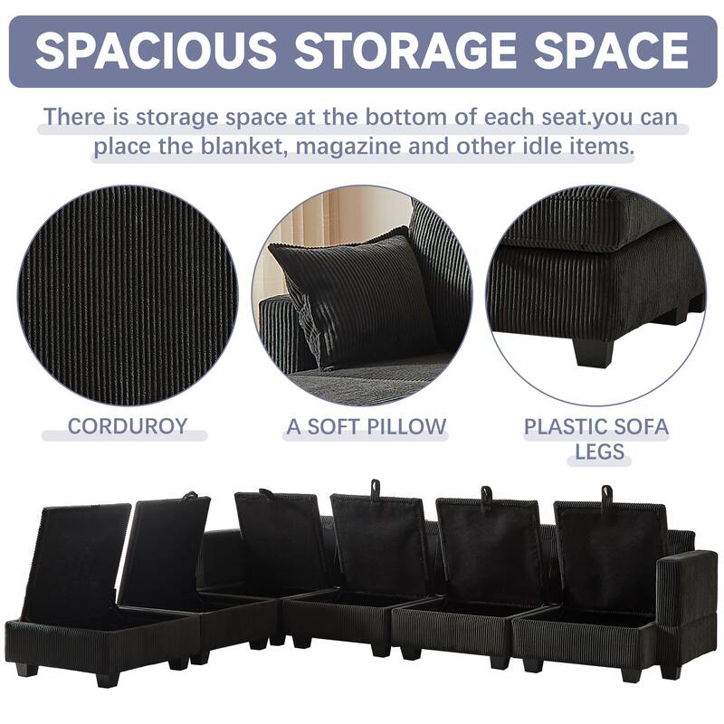 Roomfitters 113.5" Modular Corduroy U-Shaped Sectional Sofa, 6-Seater Convertible Couch with Chaise and Storage Ottoman