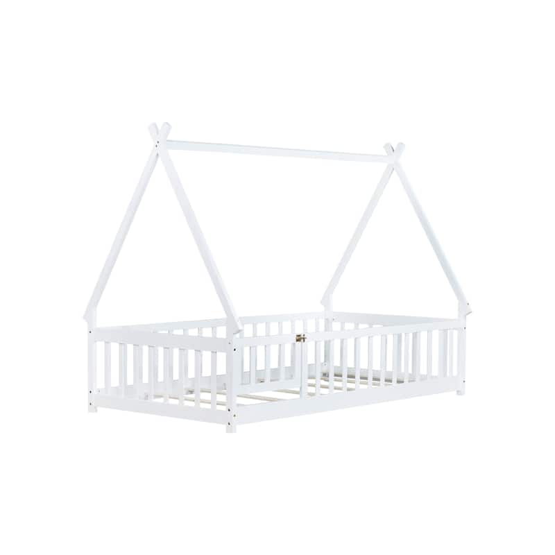 Twin Tent-shaped Floor Bed, Teepee Bed with Guardrails, Slats and Door