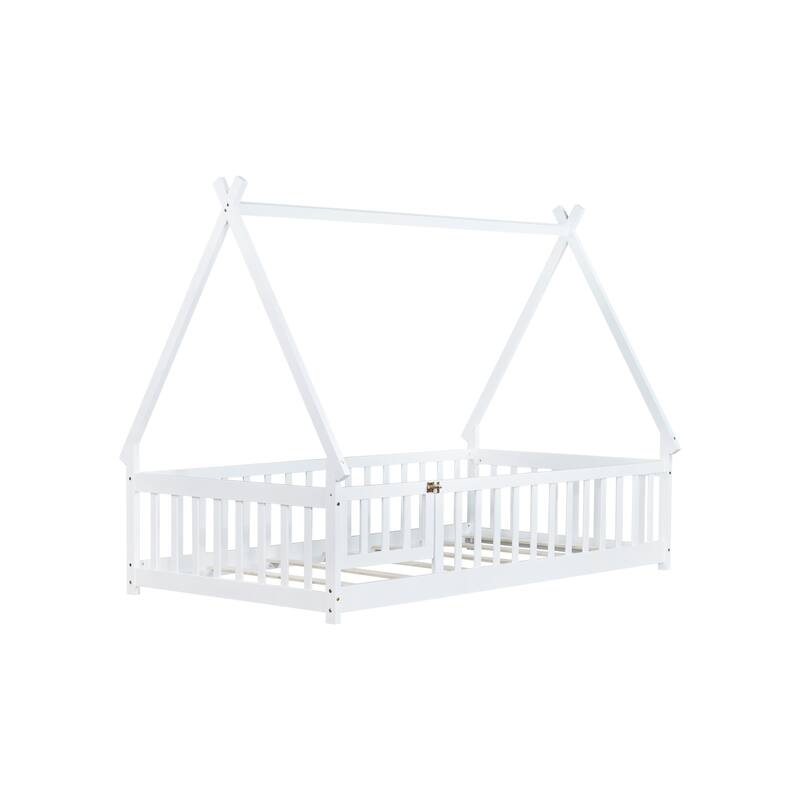 White Twin Tent-shaped Floor Bed with Guardrails, Slats and Door - Teepee Design