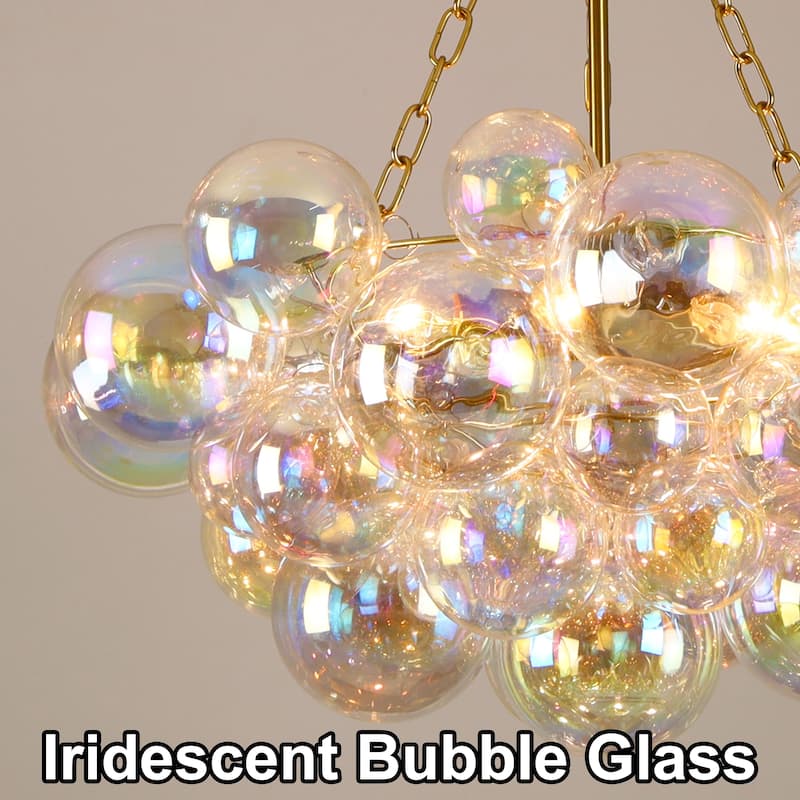 Starsky 6-Light lridescent Bubble Glass Globe chandelier, Hand-Blown Colorful cluster Light, Adjustable Height, Gold or Nickel