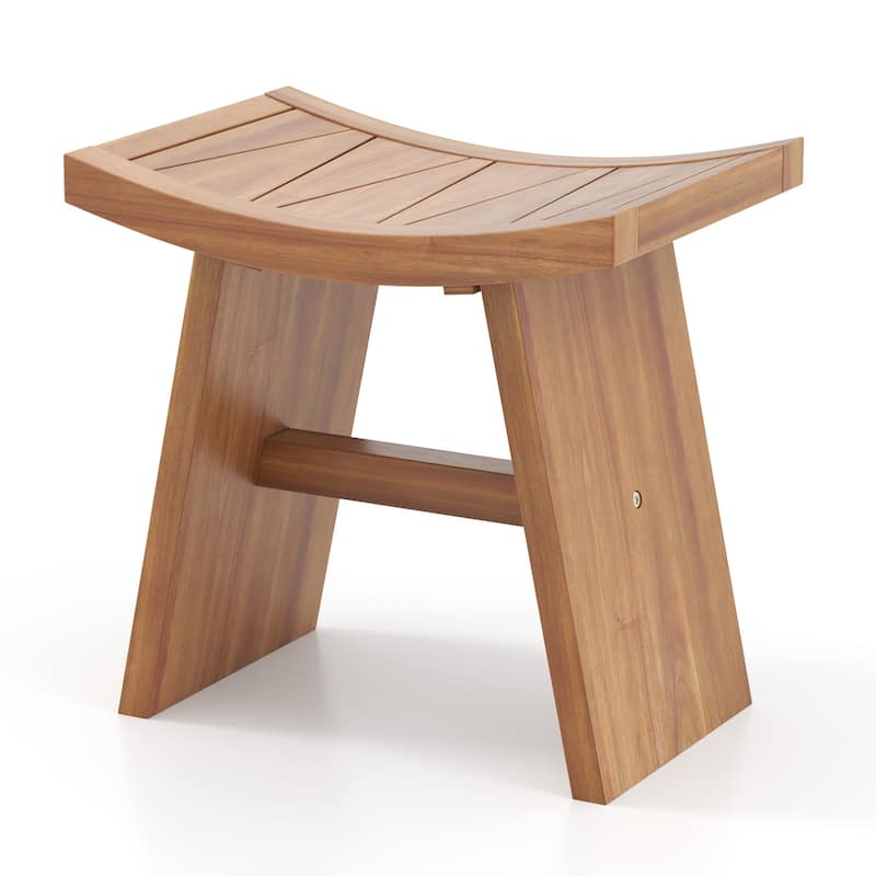 Gymax 18 Inch Teak Wood Shower Bench Wooden Shower Stool w/ Curved