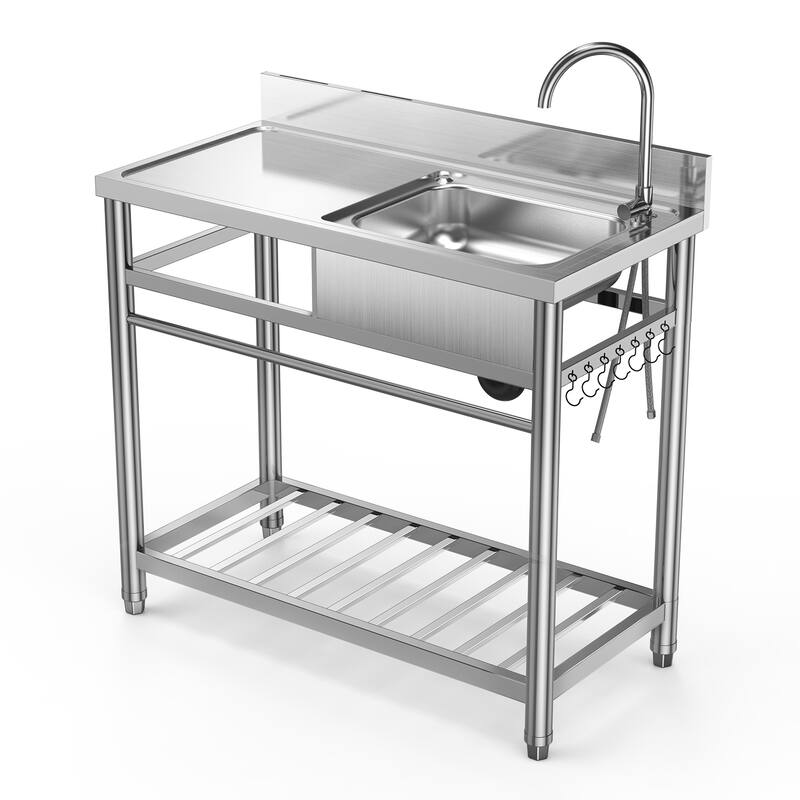 Free Standing Stainless Steel Utility Sink, Commercial Single Bowl Sink Set with Faucet - Utility Sink with Workbench