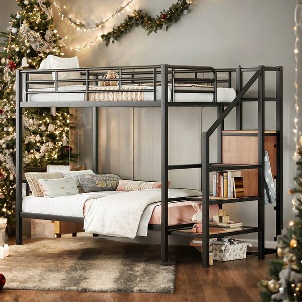 slide 2 of 20, Twin Over Twin Metal Bunk Bed with Storage Ladder and Wardrobe, White Black