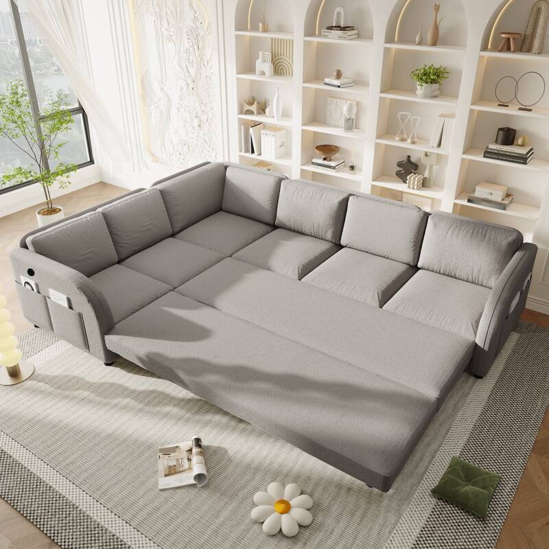 115" L-Shaped Sectional with Pull-Out Bed, USB Ports & Side Pockets, King Size Upholstered Bed
