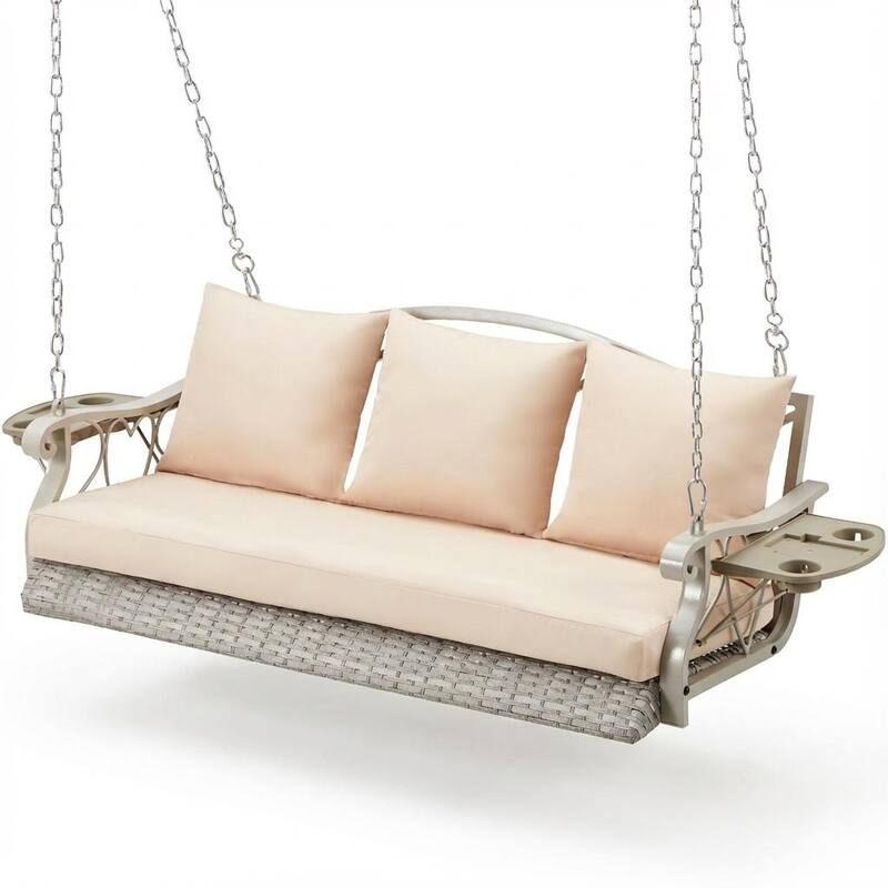 3-Person Wicker Patio Swing with Cushions & Pillows - Grey/Khaki