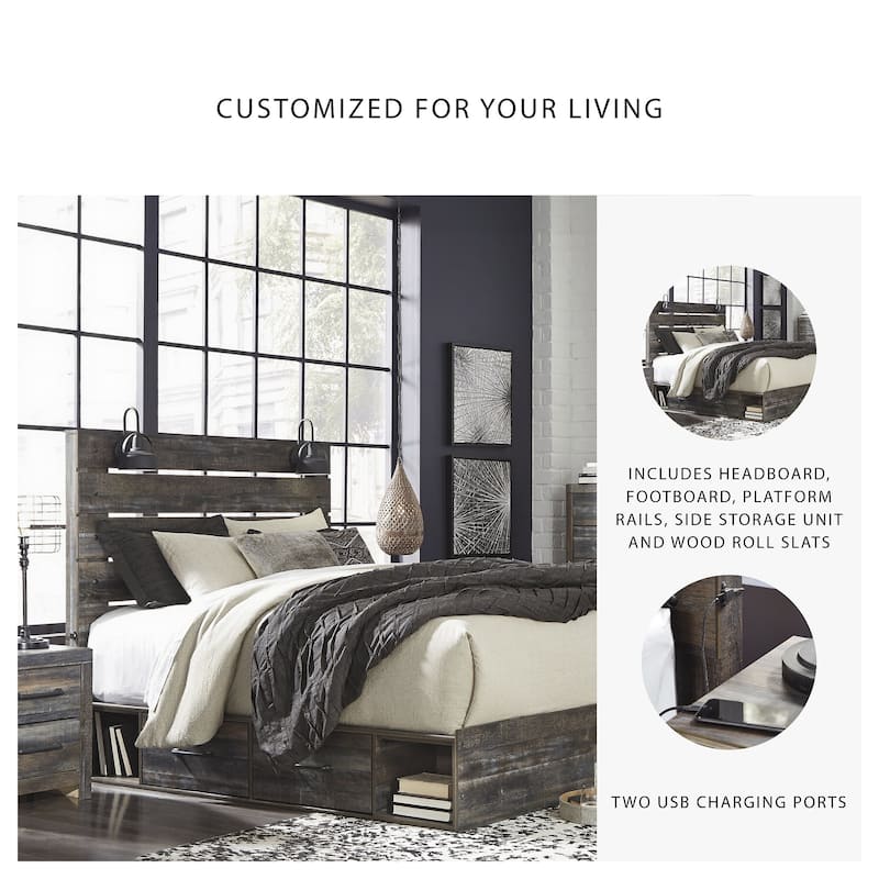Drystan Rustic Brown Panel Bed with 2 Under Bed Storage Drawers