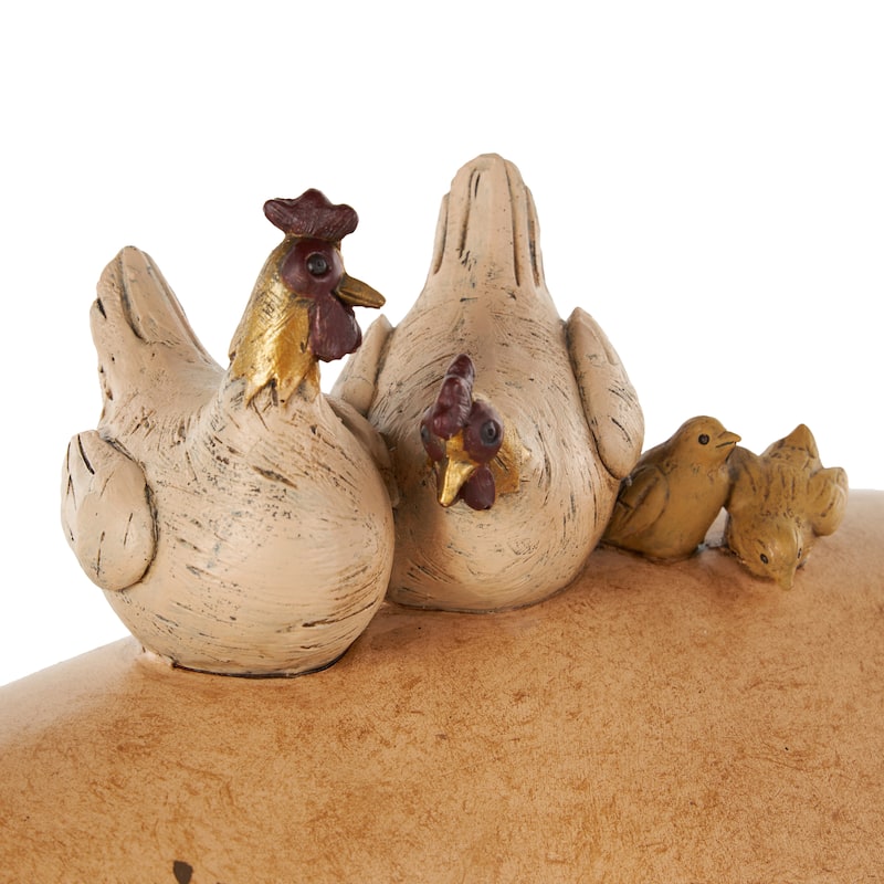 Light Brown Resin Pig Decorative Sculpture with Roosters and Chicks - 6"W x 15"L x 11"H