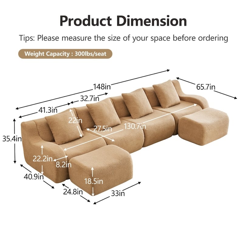 148" Premium Teddy Fabric U-shaped Modular Curved Armrests Boneless Sofa Set
