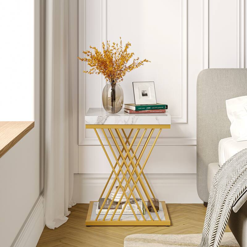 Square Side Table White Gold End Table Set of 2 - Faux Marble White+Gold