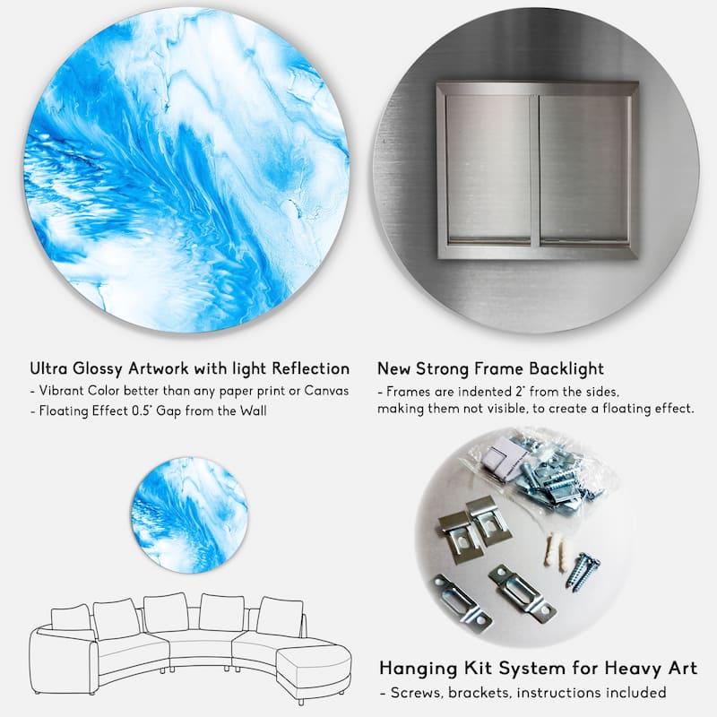 Designart 'Blue And White Liquid Art Waves V' Modern Metal Circle Wall Art