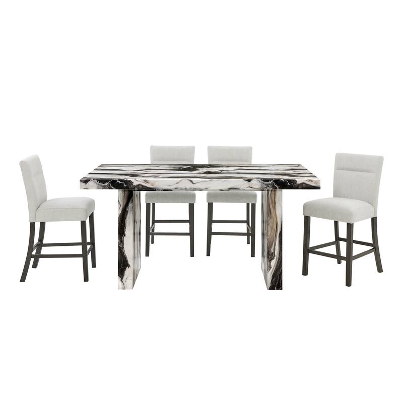 Roundhill Furniture Cavira 5-Piece Modern Faux Marble Dining Set, Counter Height Table with 4 Upholstered Chairs