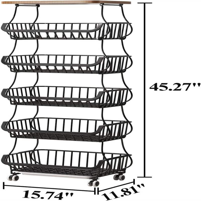 5 Tier Fruit Vegetable Basket for Kitchen with Wooden Tabletop