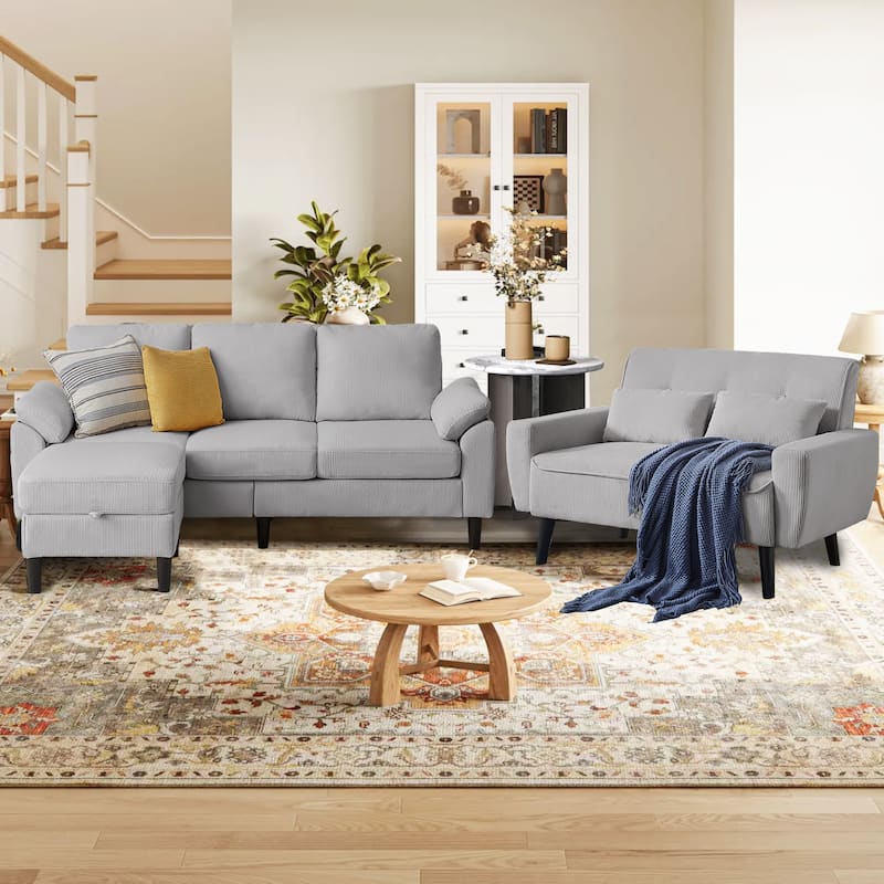 3 Piece Corduroy Living Room Sets including Sofa,Storage Ottoman and Loveseat - Light Grey