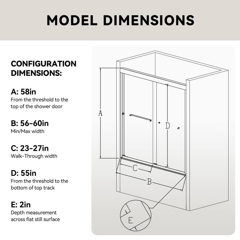 56-60" Semi-Frameless Double Sliding Tub Door, 6mm Tempered Glass Bypass Bathtub Shower Enclosure - 60x58"