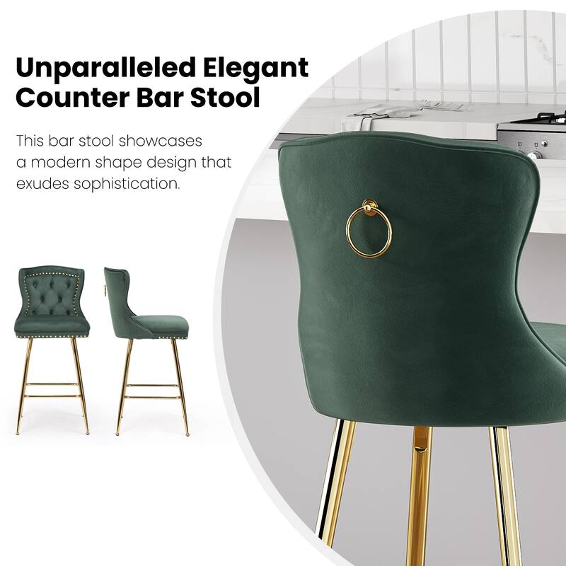 Bar Stools Set Of 2, Velvet Counter Height Bar Stools With Metal Legs, Button Tufted And Nailheads Trim