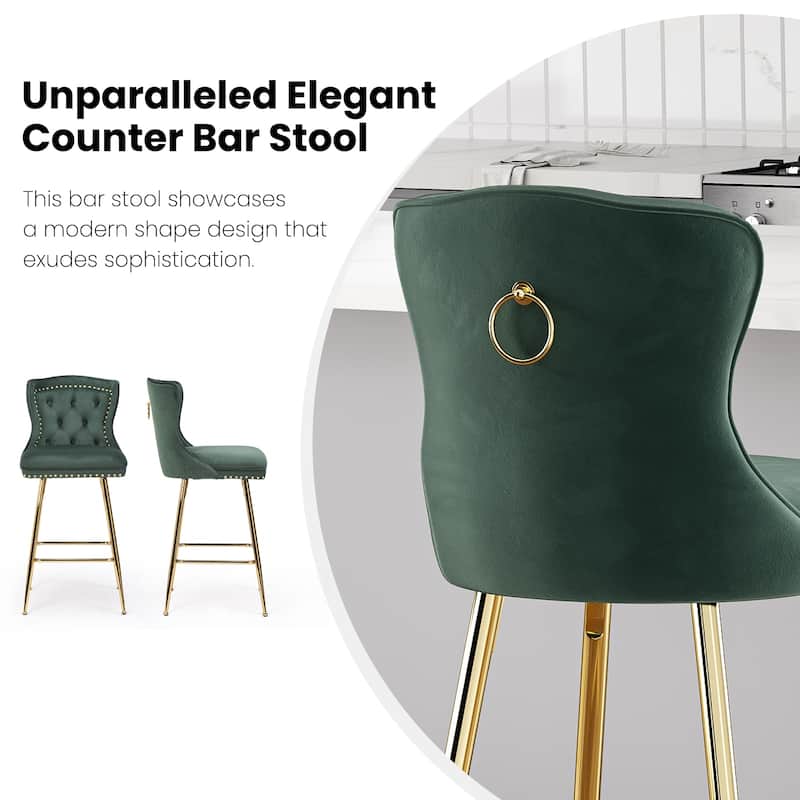 Set of 2 Emerald Green Velvet Wingback Bar Stools, Button Tufted with Nailhead Trim & Metal Legs