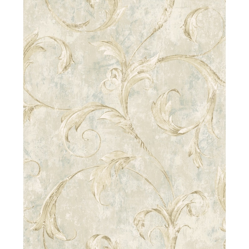 Seabrook Designs Creswell Scroll Unpasted Wallpaper - 20.5 in. W x 33 ft. L - Metallic Latte & Blue Dusk