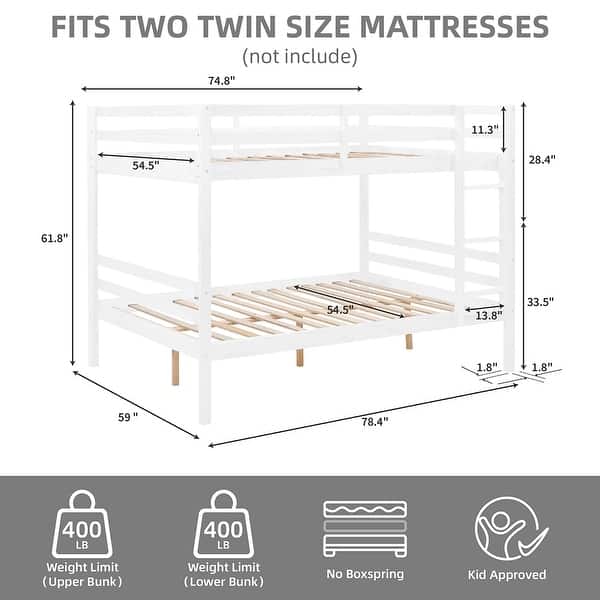 dimension image slide 0 of 4, Full over Full Wooden Bunk Bed,High Guardrail,Ladder,Kids Teens,Dorm