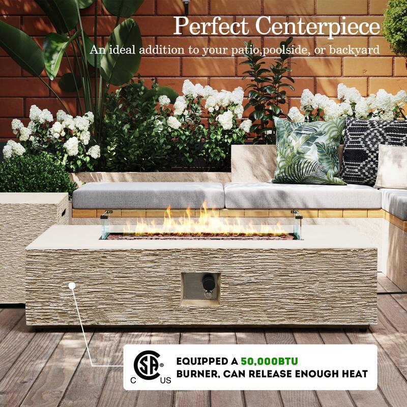 Patio Watcher 56in. Outdoor Rectangle Magnesium Oxide Fire Pit Table with Gas Tank Cover and Wind Guard