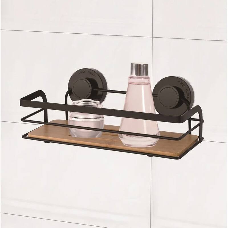 Matte Black Bamboo Shower Storage Caddy Shelf With Suction Cups