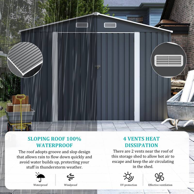 Outdoor Storage Shed 9×11 FT with 3 Lockable Doors,Utility Tool Shed Metal Storage Garden Sheds 4 Vents,Metal Sheds