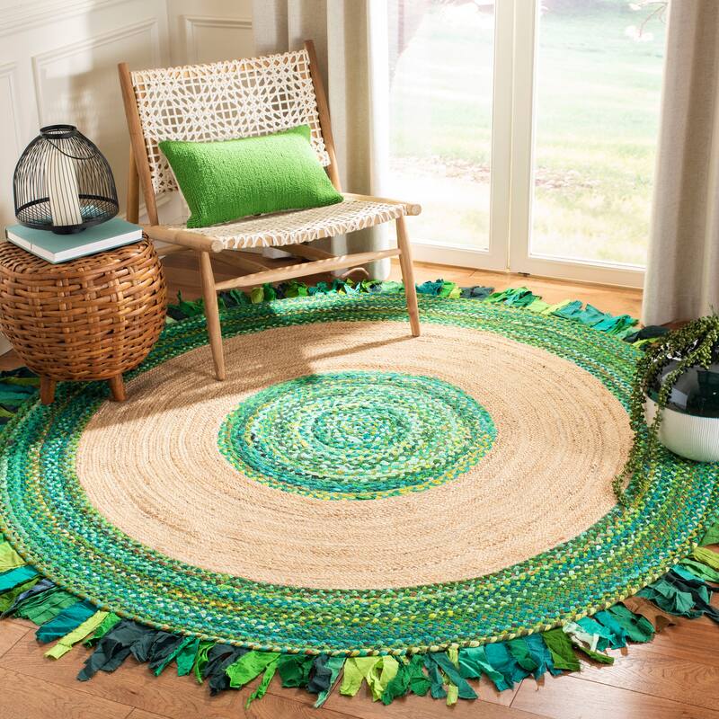 SAFAVIEH Handmade Cape Cod Wobke Jute Rug with Fringe - 6' Round - Green/Natural