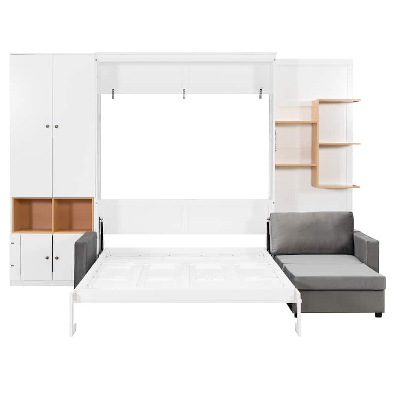 Queen Murphy Bed with Sofa and Cabinets Space Saving Sofa Wall Bed with Open Shelves and Dual Lights for Living Room Guest Room