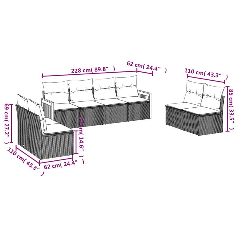 vidaXL 8/9 Piece Patio Sofa Set with Cushions Black/Gray Poly Rattan - 21.7 x 24.4 x 27.2