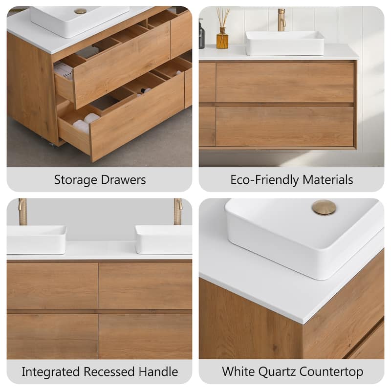 Sylphar 72 inch Toffee Oak Floating Bathroom Vanity with White Quartz Top