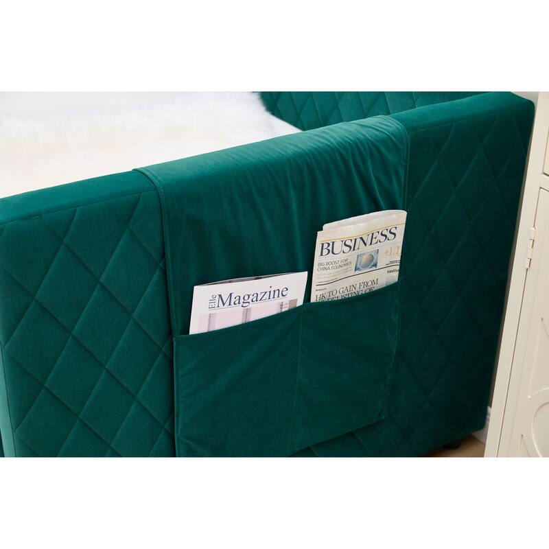 Twin Size Upholstered Daybed with Trundle, Velvet Sofa Bed with USB Port & Side Pockets, Modern V-Grained Backrest Guest Bed