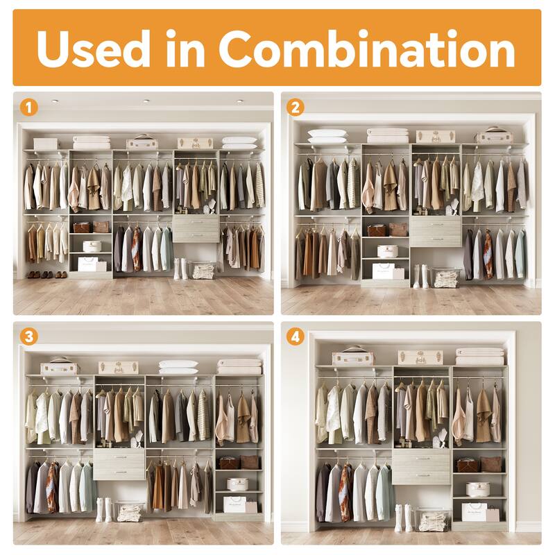 Closet System with 2 Sets, 154'' Walk-in Closet Organizer System with 2 Drawers & 8 Hanging Rods & 6 Reversible Shelf Towers