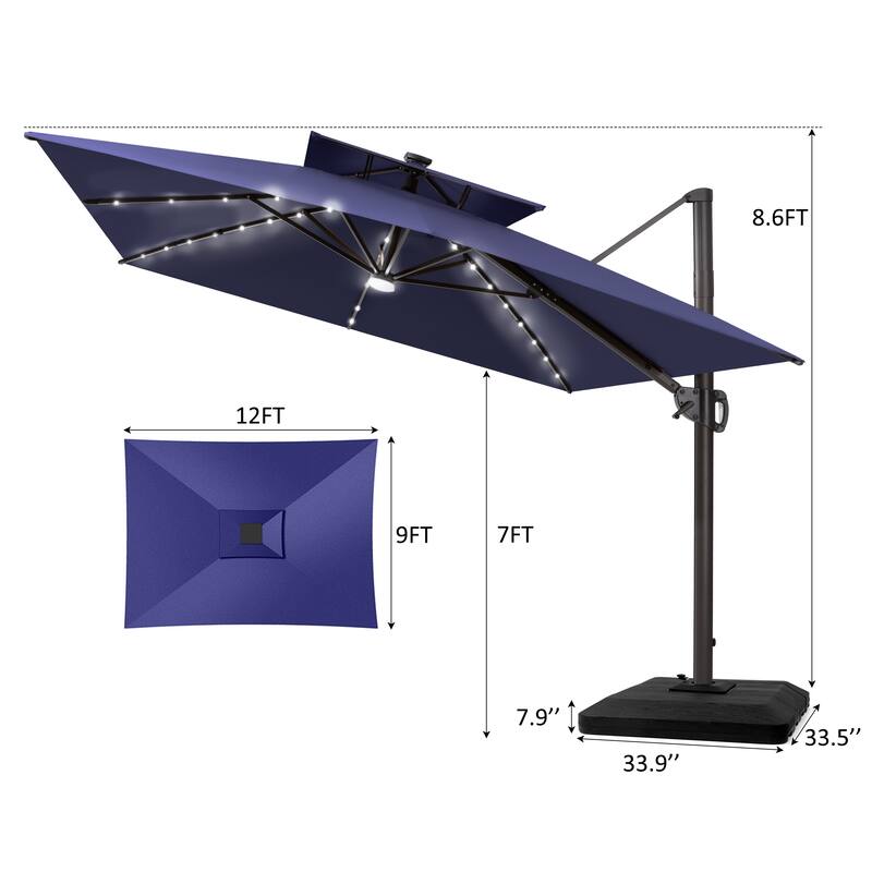 12 x 9 FT Outdoor Patio Aluminum Cantilever Umbrella with Solar Lights Double Canopy with Base