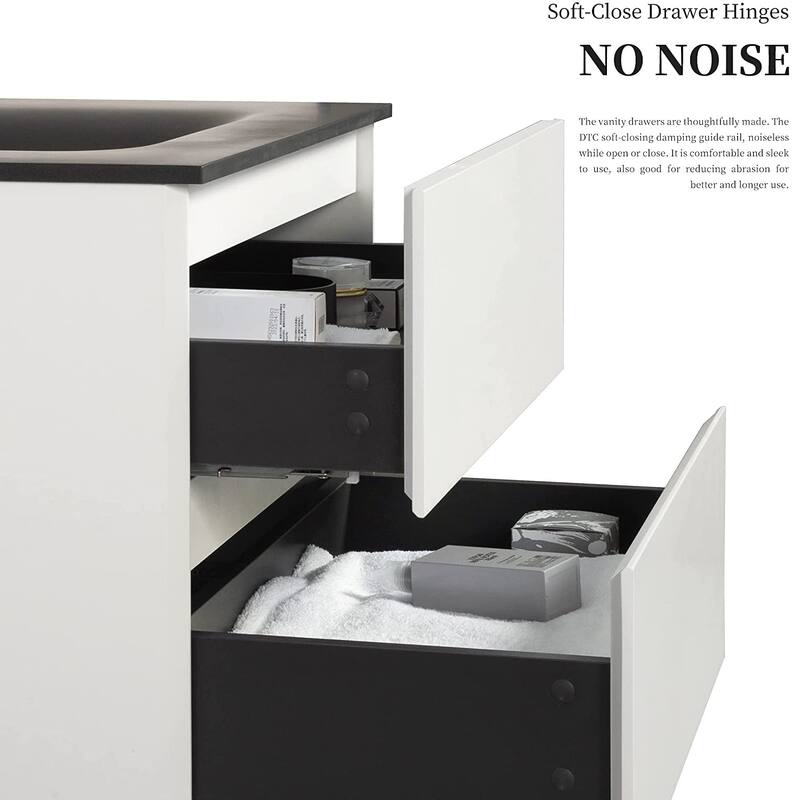 Wall-Mounted Bathroom Vanity Set in White with Black Quartz Top and Integrated Sink