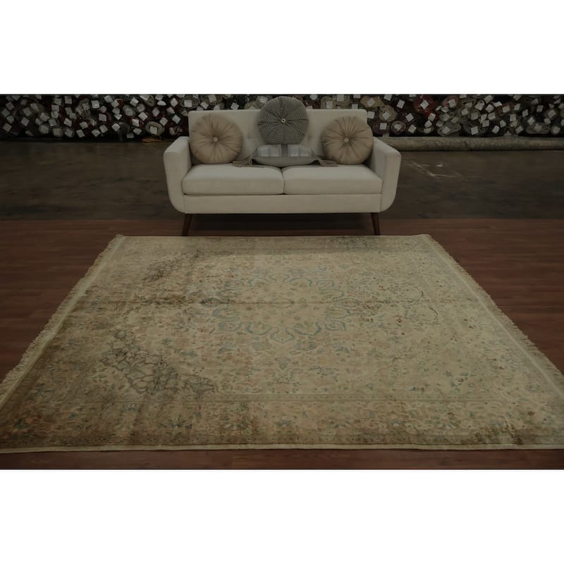 Hand Knotted Oriental Silk Carpet Traditional Floral Beige & Ivories Kashmir Area Rug - 7' 4'' X 6' 11''