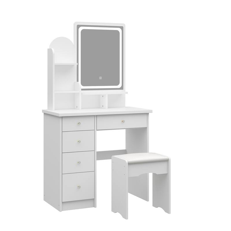 Makeup Vanity Set wi/Lighted Mirror, Storage Shelves and Drawers White - 31.5"L x 15.7"W x 55.1"H