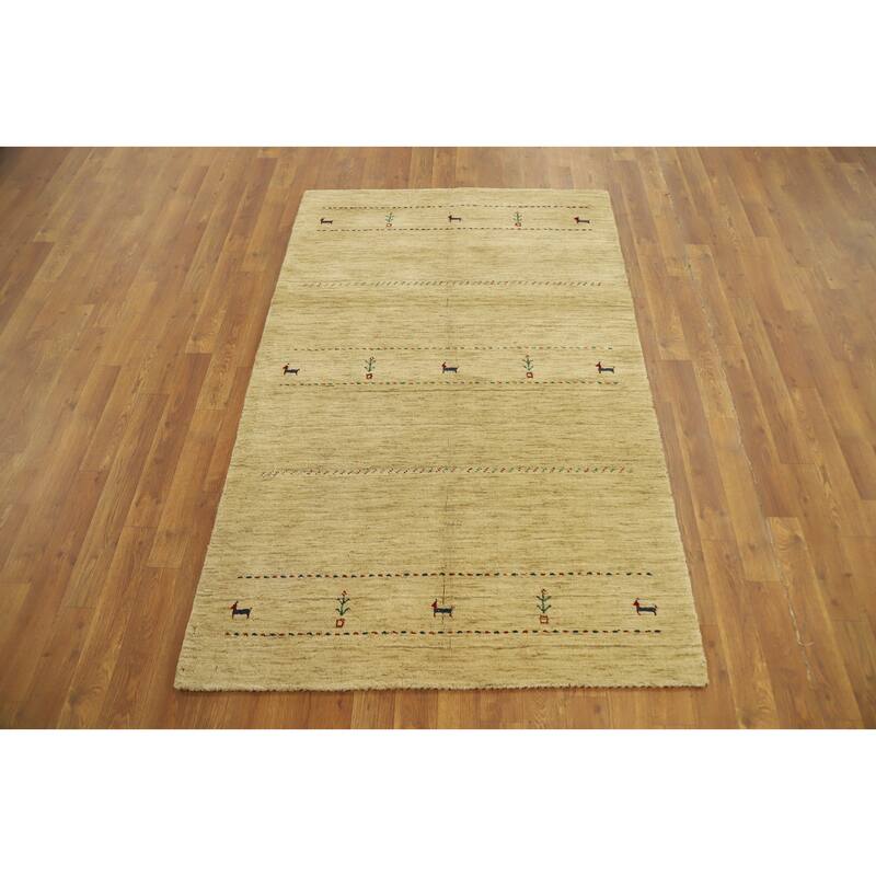 Hand Knotted Oriental 100% Wool Carpet Tribal Animal Pictorial Yellow & Gold Gabbeh Area Rug - 5' 6'' X 3' 6''