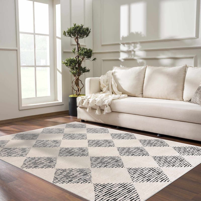 Hauteloom Azana Living Room, Bedroom Area Rug - Farmhouse - High Pile - Bone,Black - 5'3" x 7' - 7'10" x 10' - Cream, Black White / Fauci