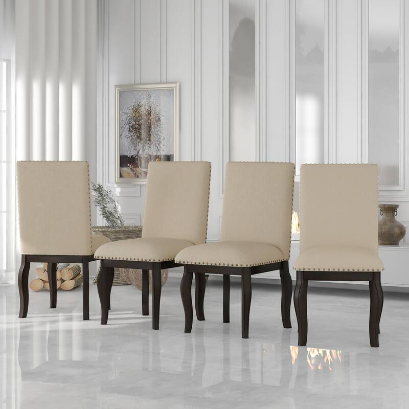Set of 4 Dining Chairs Wood Upholstered Fabirc Dining Room Chairs with Nailhead - Espresso