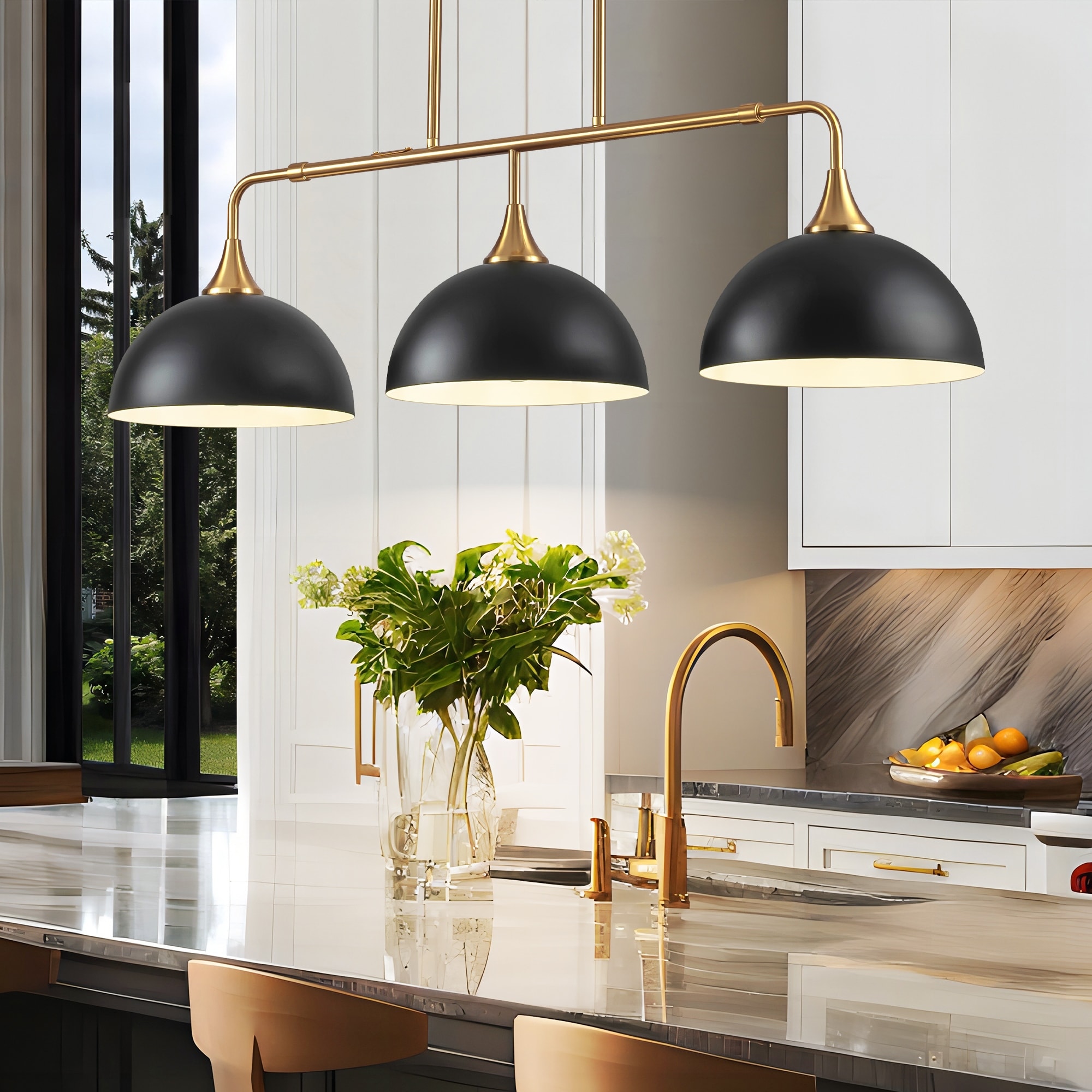 Rennnsan Potlid 3-Light Industrial Gold Linear Dome Pendant Lights for Kitchen Island/Dining Table