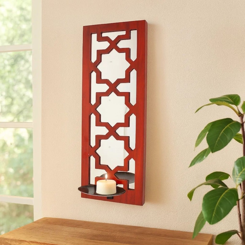17 Inch Mirrored Wall Art Set of 2, Candle Holder Sconce, Lattice Design, Red