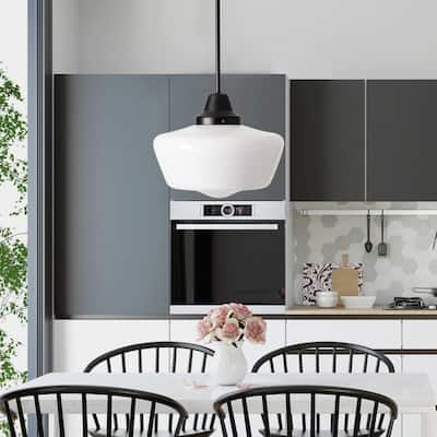 Modern Black 1-Light Pendant Light Fixture with Opal Glass Shade