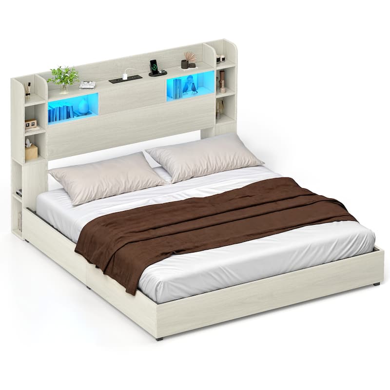 Moasis LED Bed Frame with Bookcase Headboard, 4 Storage Drawers and Type-C USB Charging Station